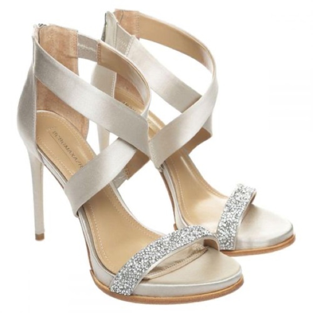 BCBGMaxazria Elyse High-Heel Crisscross Ankle Dress Sandal- Silver-Size 8 BNIB